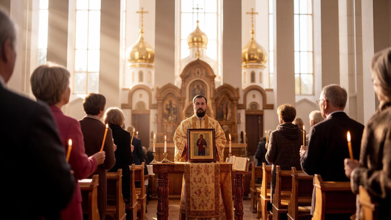Священник ведет службу в честь святых мучеников в православном храме.